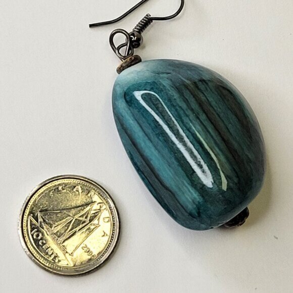 Teal/Black/Golden Colour Fusion Wood Bead Drop Earrings with Silver Tone Closure - Picture 4 of 8